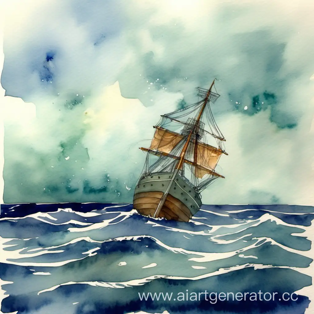 Tranquil-Ship-Sailing-in-Ocean-Watercolor-Art