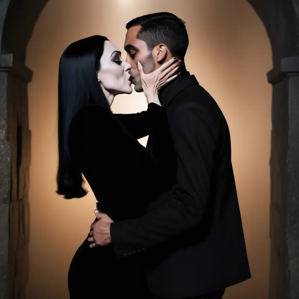 A couple passionately kissing. The woman is Morticia Addams. The man is a 24-year-old named Adrian Payet with a slightly rounded face, dark brown eyes, short styled black hair, dressed in casual clothes, showcasing his Australian, Lebanese, and French heritage.