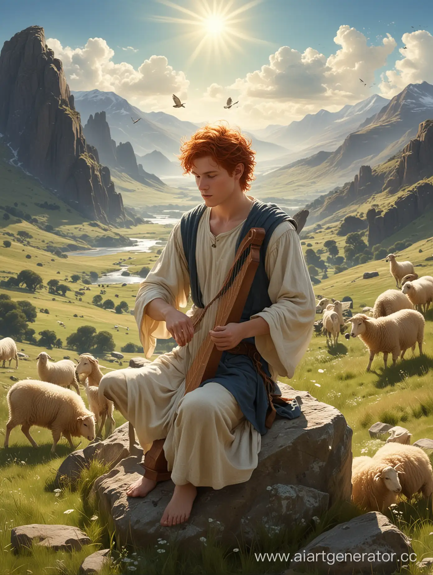 Создай Давида,библейского персонажа, рыжеволосого ,худощавого юношу с арфой в руках,который сидит на камне и мелодично играет на ней от души.Его волосы ослепляет солнце, он в одежде пастуха,рядом лежит посох и мирно пасутся овцы на блестящей от росы траве,вдали виднеются холмы и горы, течет река,в голубом  небе летят 