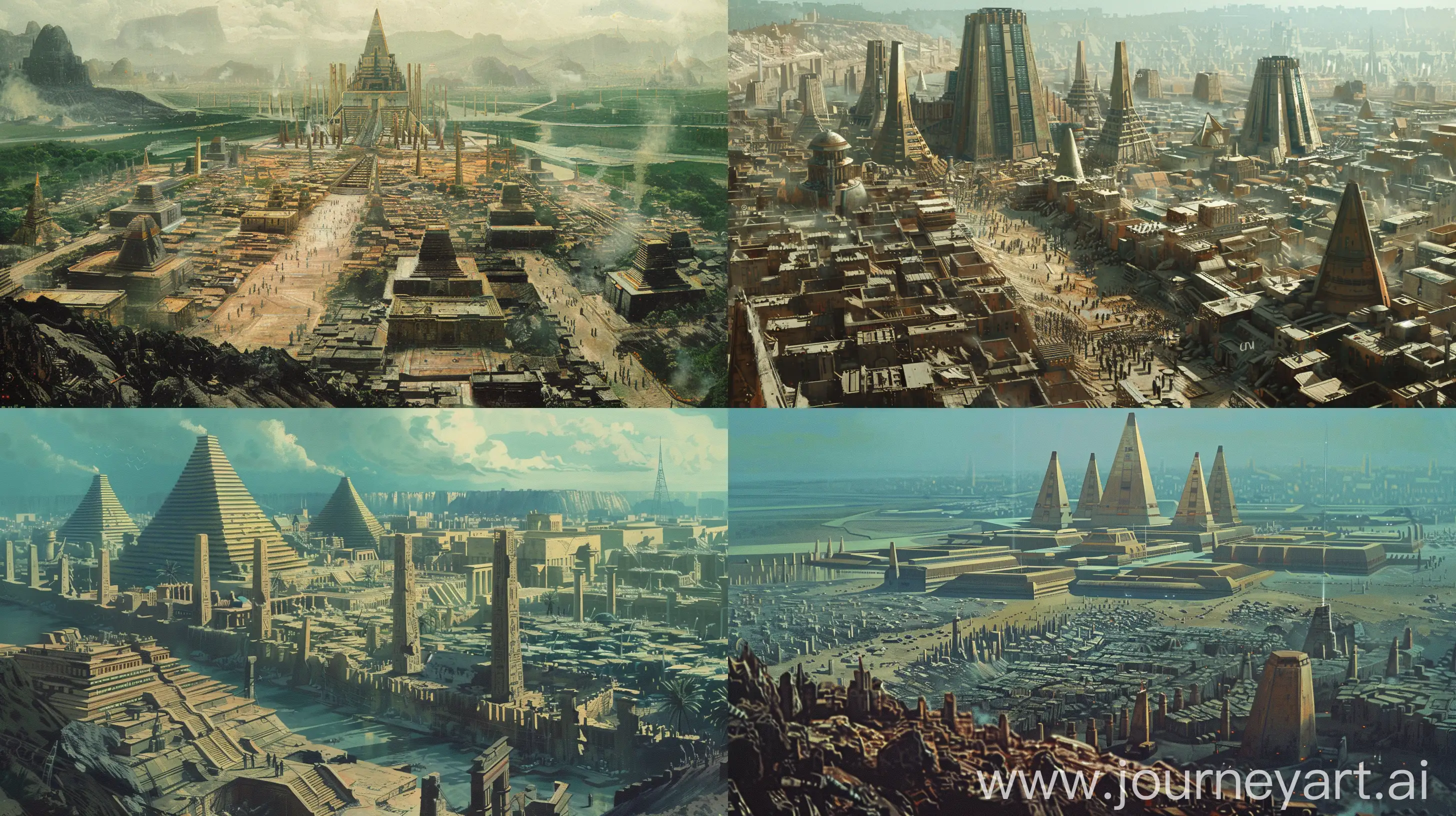 retro sci-fi concept art of far away view of a city of majestic futuristic pylon and ziggurat architecture surrounded by squalid slums. Ralph McQuarrie style. in color. --ar 16:9

