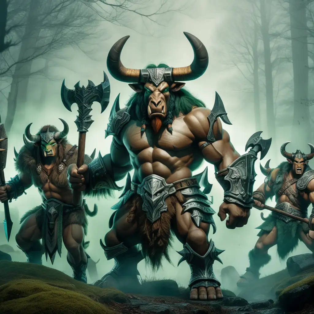 Mystical Minotaur Warriors in Foggy Forest Battle Formation