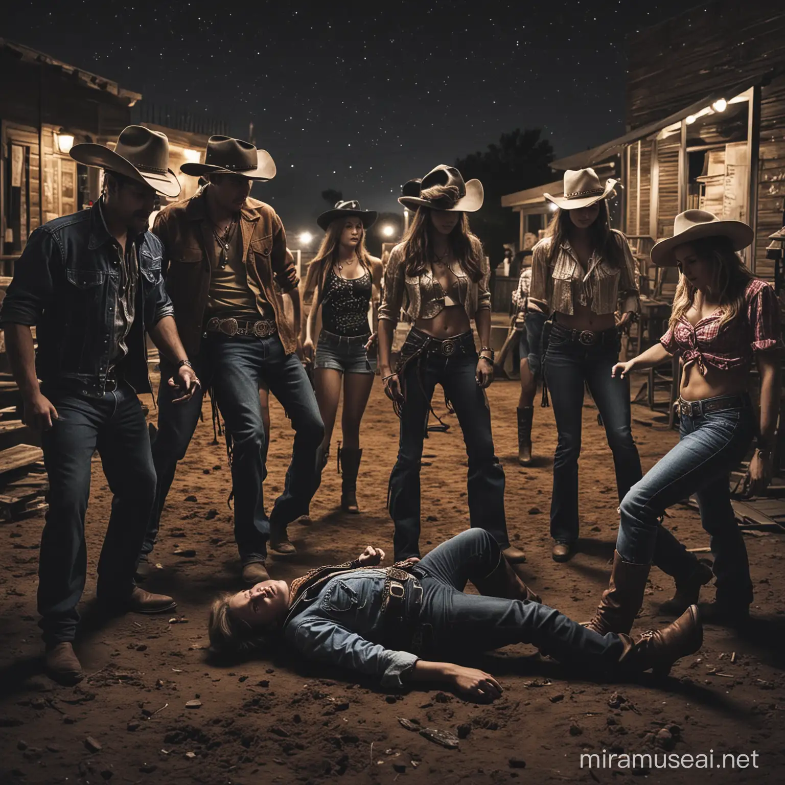 black cow boys and girls outside at night dancing drinking and some laid out drunk. this will be a cd cover so give it a urban graphic design style with the colors amke it pop