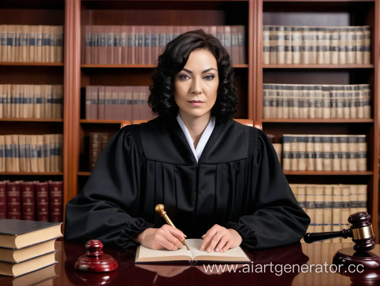 Женщина судья в черной мантии сидит за столом на фоне стелажей с книгами на столе лежит судейский молоток и кодексы