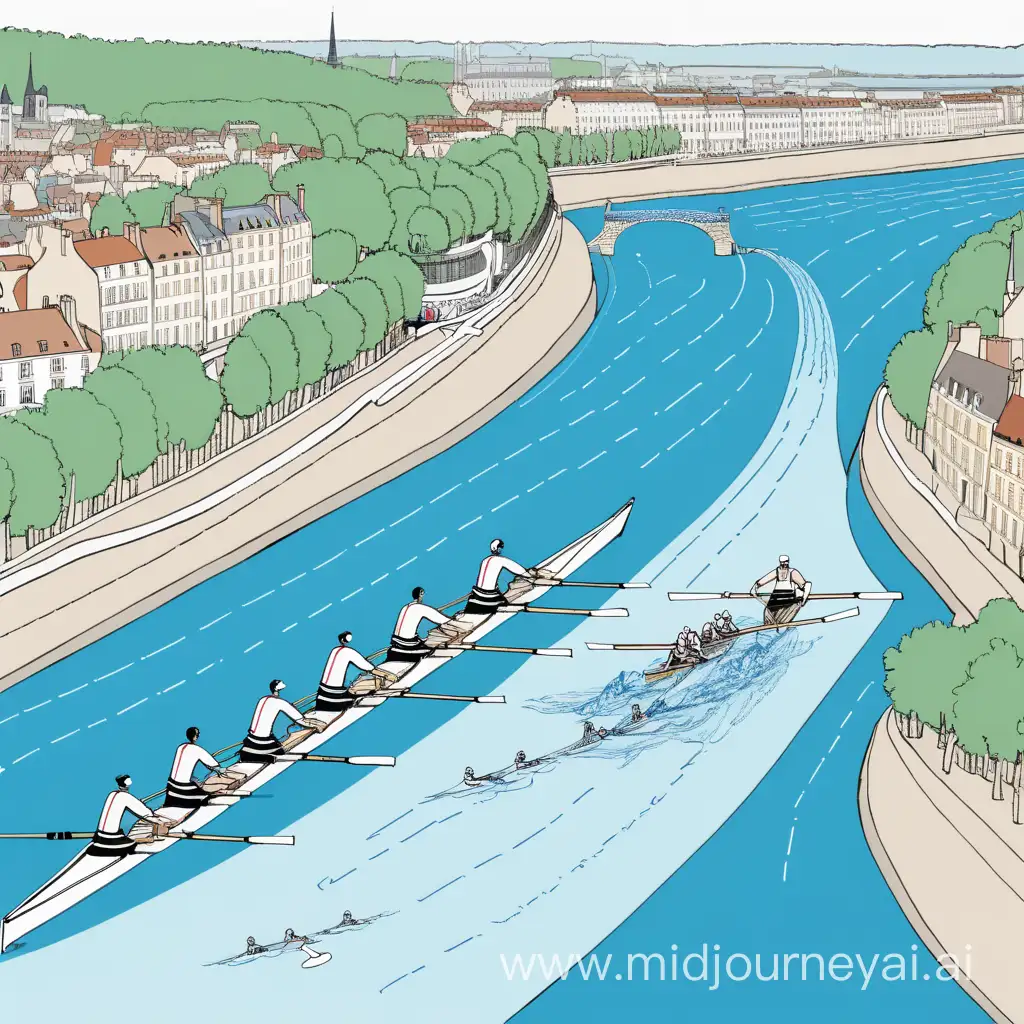 une carte d'un fleuve avec une course d'aviron qui comporte 3 étapes. la carte doit montrer plusieurs étapes
l'aviron comporte 5 personnes maximum
le dessin est moderne
il s'agit d'une affiche
le fleuve s'appelle la loire
on visualise 3 étapes de la course sur le dessin
on voit clairement un aviron de course
la vue est aérienne
le style du dessin est plus coloré
on voit un dessin de la france