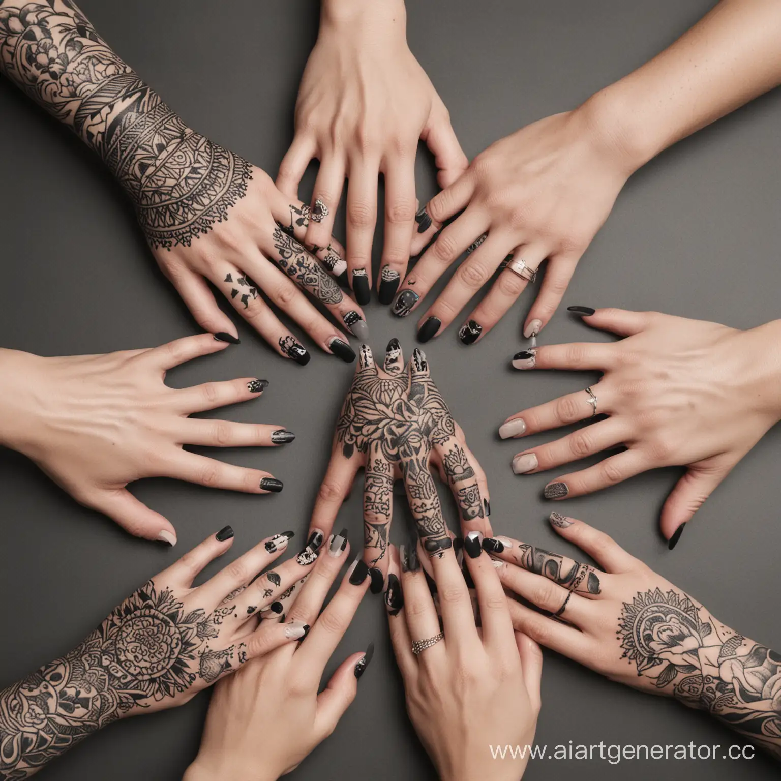 разнообразие рук с татуировками в черно-белом цвете с цветным маникюром на витрине