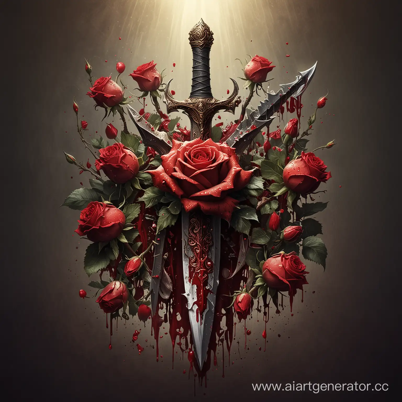 Mysterious-Dagger-with-Blooming-Roses-in-Radiant-Light