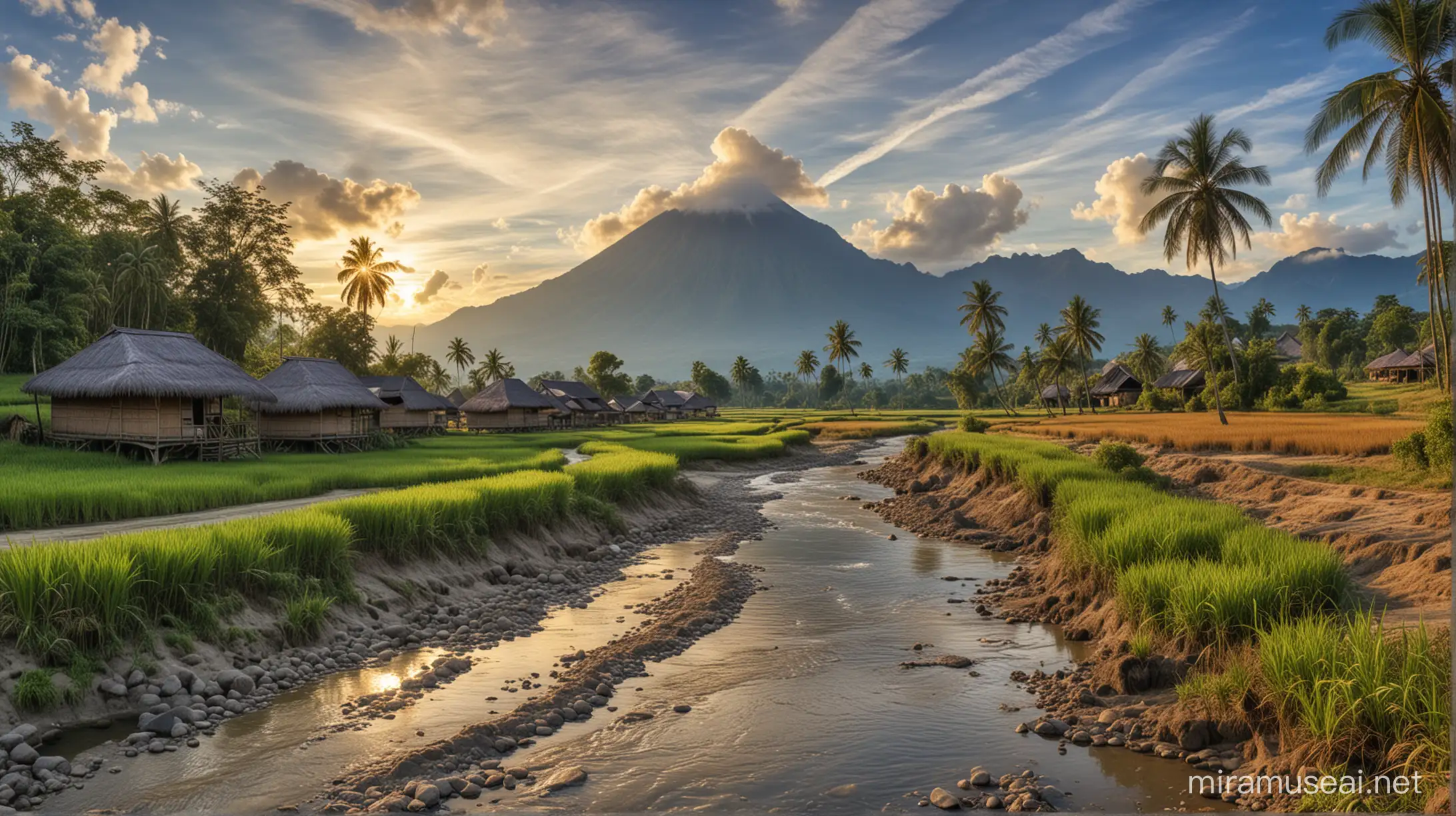 Scenic Landscape Painting of Mount Merapi with Vibrant Rice Fields and Bamboo Huts