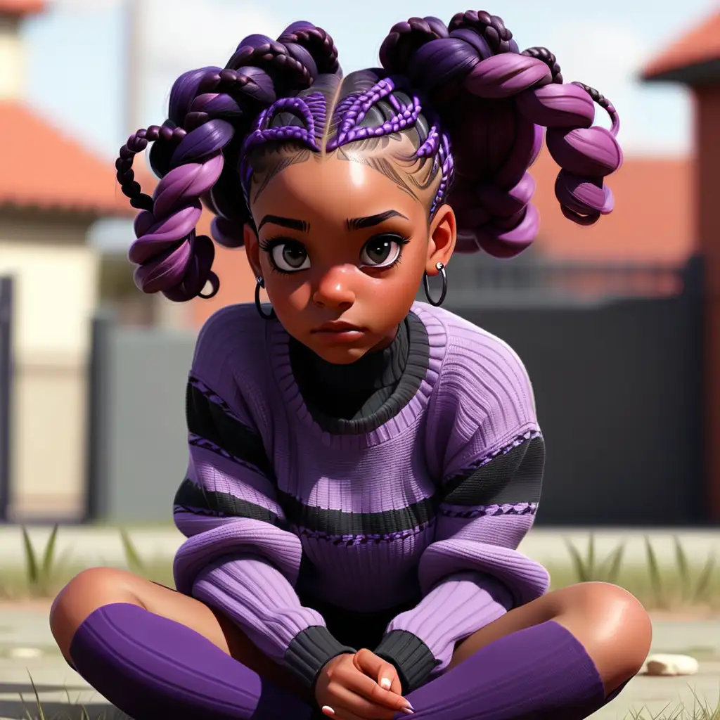 Young black female with black and purple braided hair with purple jumper sitting on the ground with legs crossed