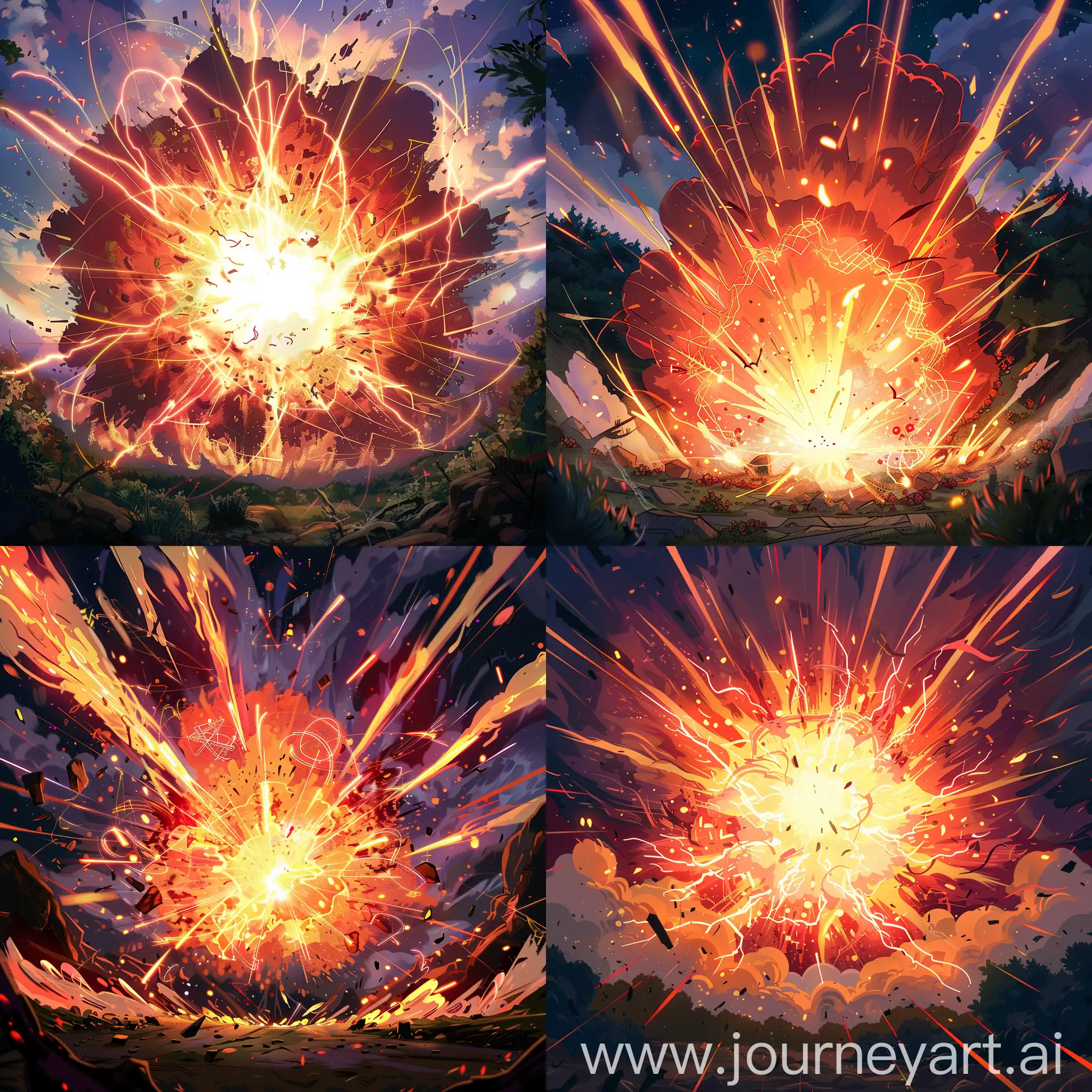 Create a 2D anime-style scene where the female demon child god unleashes a massive explosion. The explosion is characterized by a blinding burst of light at the center, surrounded by vibrant shades of red, orange, and yellow, signifying its intense heat and power. Magical energy arcs and runes are visible within the explosion, hinting at the godly origin of this cataclysmic attack. Shockwaves emanate from the epicenter, distorting the air and sending debris flying in all directions. The surrounding landscape is illuminated by the fierce glow of the explosion, casting long, dramatic shadows. This artwork should capture the moment of release, where the demon child god's power is fully manifested in a spectacular display of destruction, typical of high-energy anime sequences.