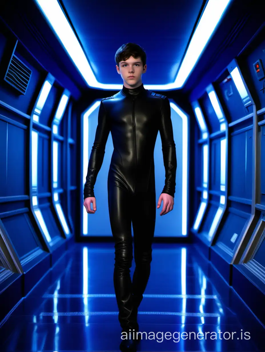 An 18-year-old white male who is slim. He has dark hair and a pretty face. He wears a matte black skin-tight catsuit - looks like nude. The surface of the suit is absolutely flat. His Hands are free. The face is also free. The figure is wearing ankle-high boots. He stands in a blue light spaceship hallway. Show the entire boy in a long shot.