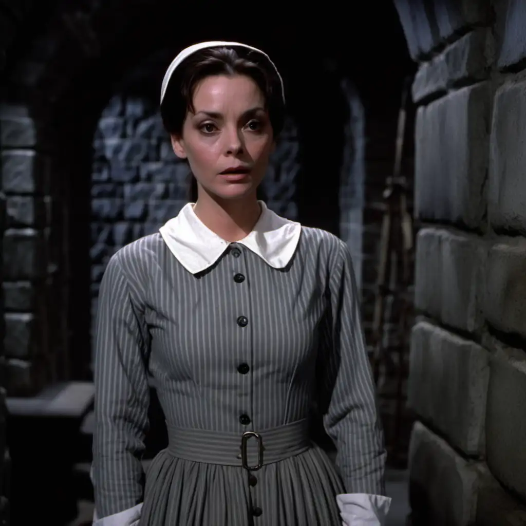 a busty prisoner woman  stand in a dungeoncell (Stone walls) in  gray-white vertical wide-striped  longsleeve midi-length buttoned gowndress(brunette hair in a bun, white puritan collar, ),sad, looks into camera (face: 23 years old joanne whalley)