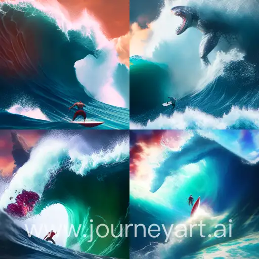 um tubarão em uma onda gigante atrás de um surfista ,imagem realista