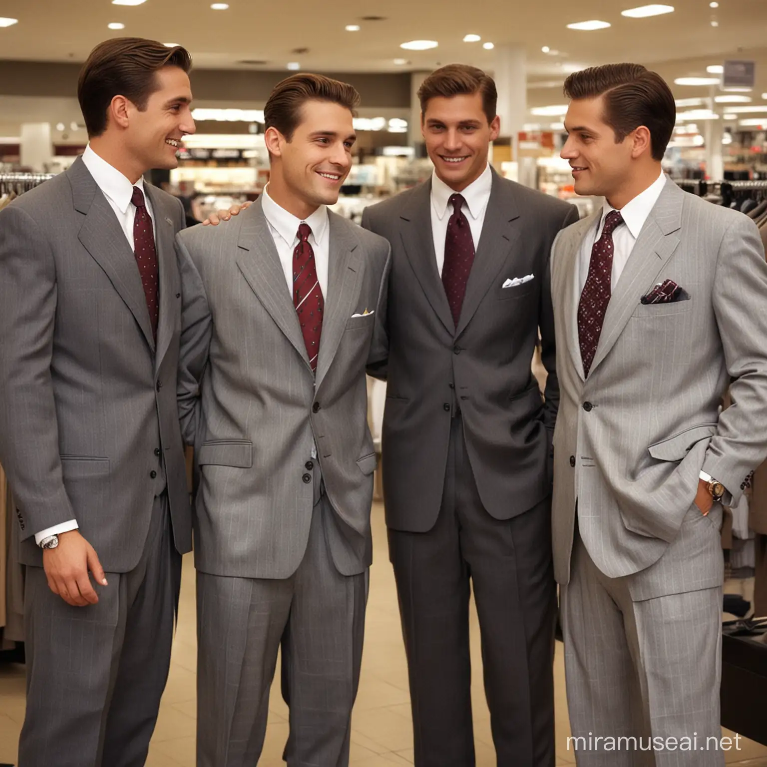 four men trying a new cheap baggy oversized suit and tie, flirting, in a menswear store, JCPenny