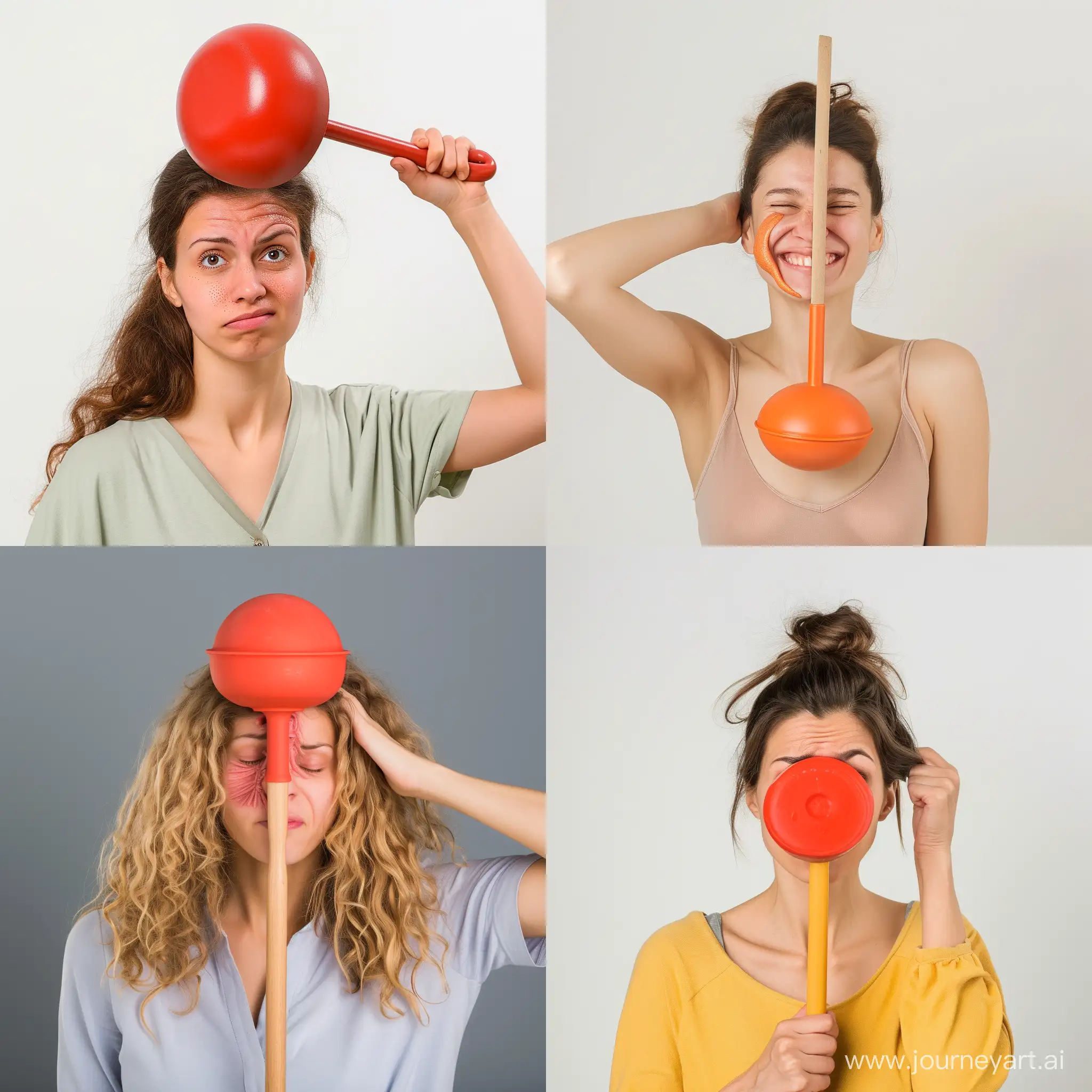 Woman-Playfully-Removing-Sink-Plunger-from-Face