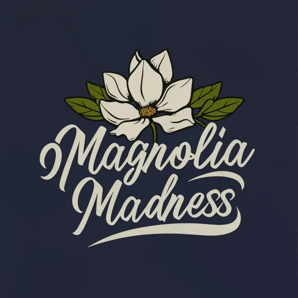 logo, Magnolia Flower, with the text "Magnolia Madness", navy and white, different font