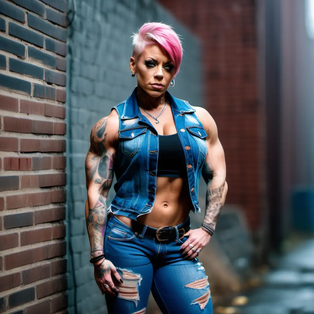 full height big extremely muscular tattooed female bodybuilder with short pink hair in cornrows wearing blue denim vest and cut off torn blue jeans standing in a foggy alley leaning against a brick wall