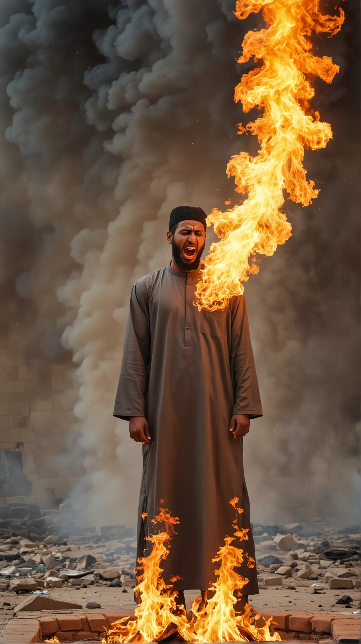 a Muslim man burning in hellfire, crying
