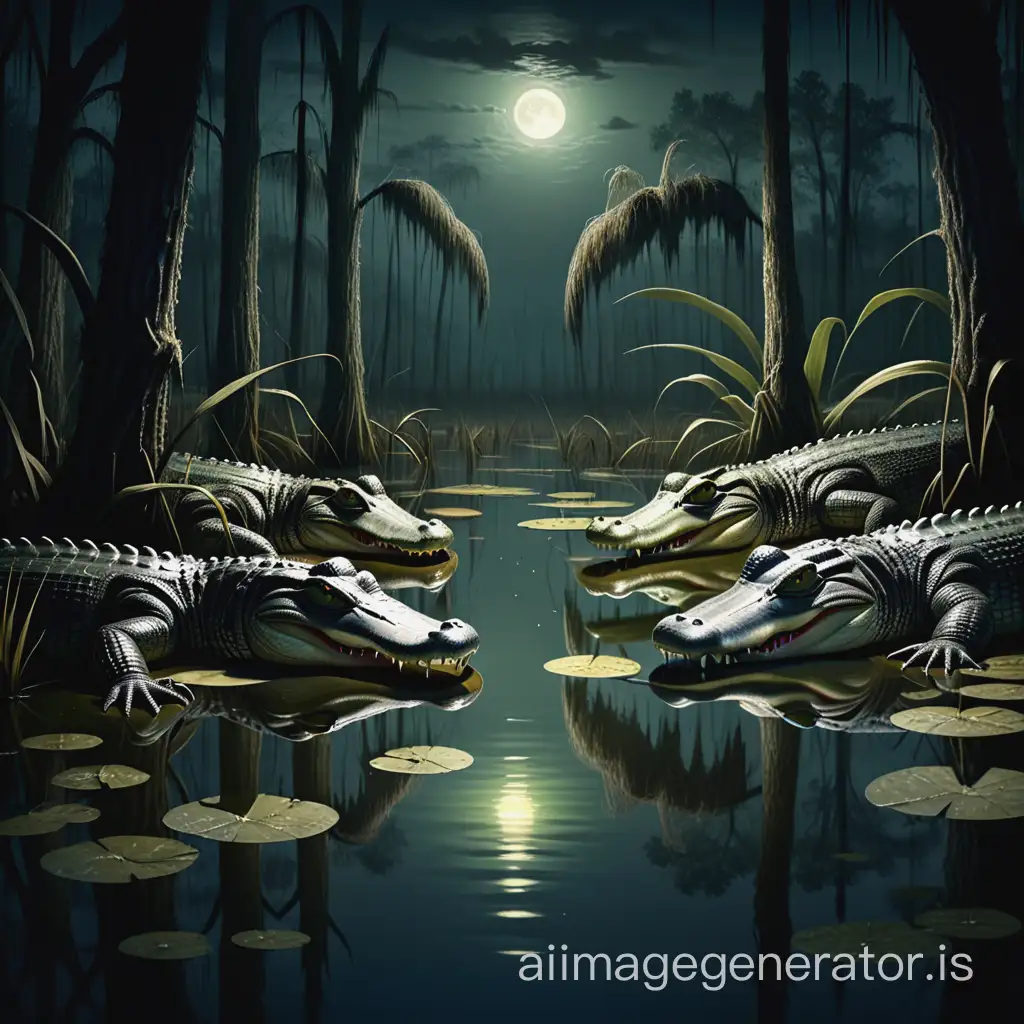American Swamp scene, full of alligators facing forward at night in the water with their eyes reflecting light