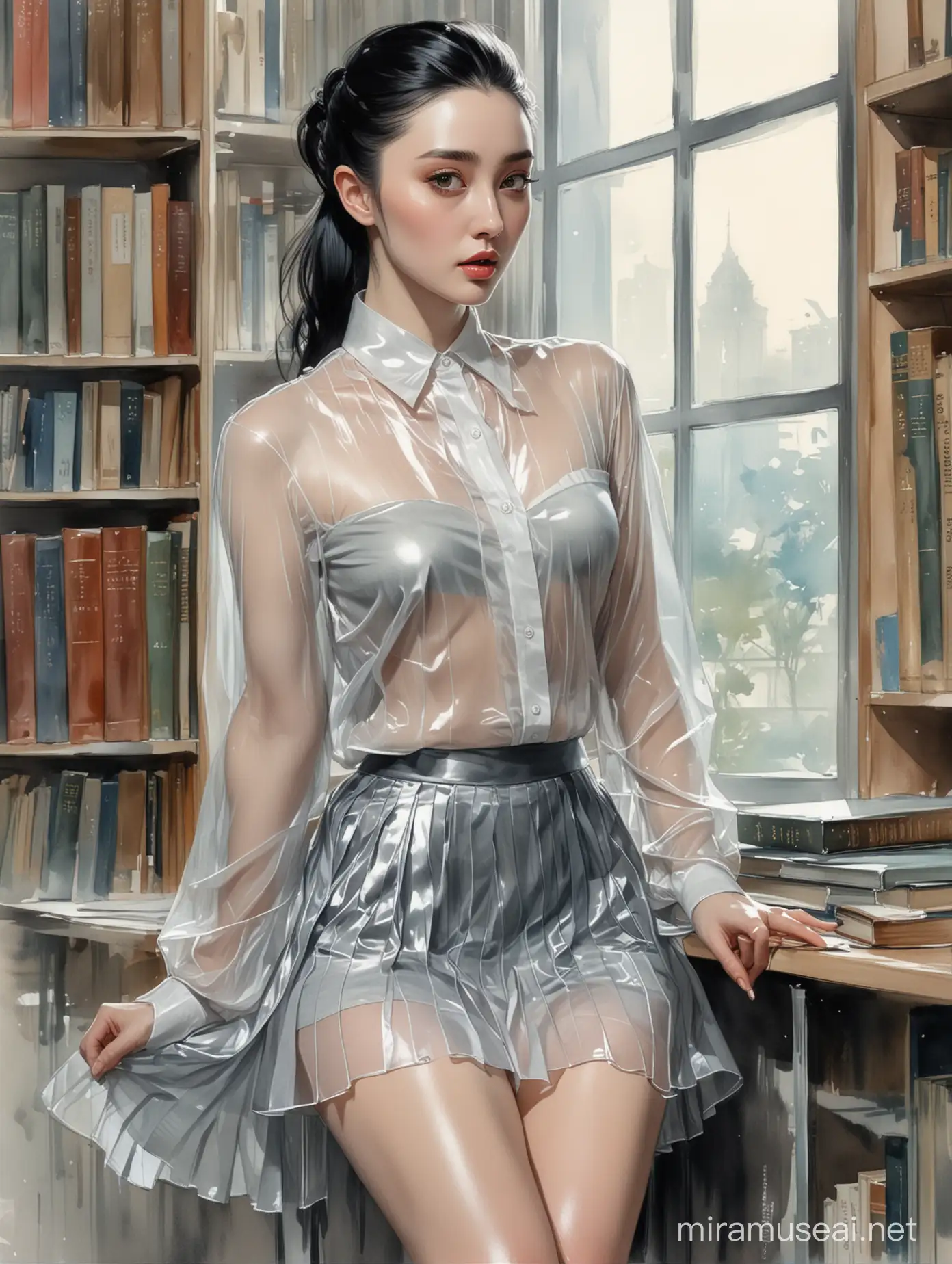 Alex Maleev's illustration depicting black-haired very pale alluring Fan Bingbing   wearing transparent plastic school blouse and pleated skirt leaning back against a library shelf, smooth shiny thigh, watercolor, no makeup, no distortion, gray palette, insanely high detail, very high quality, seen from the side