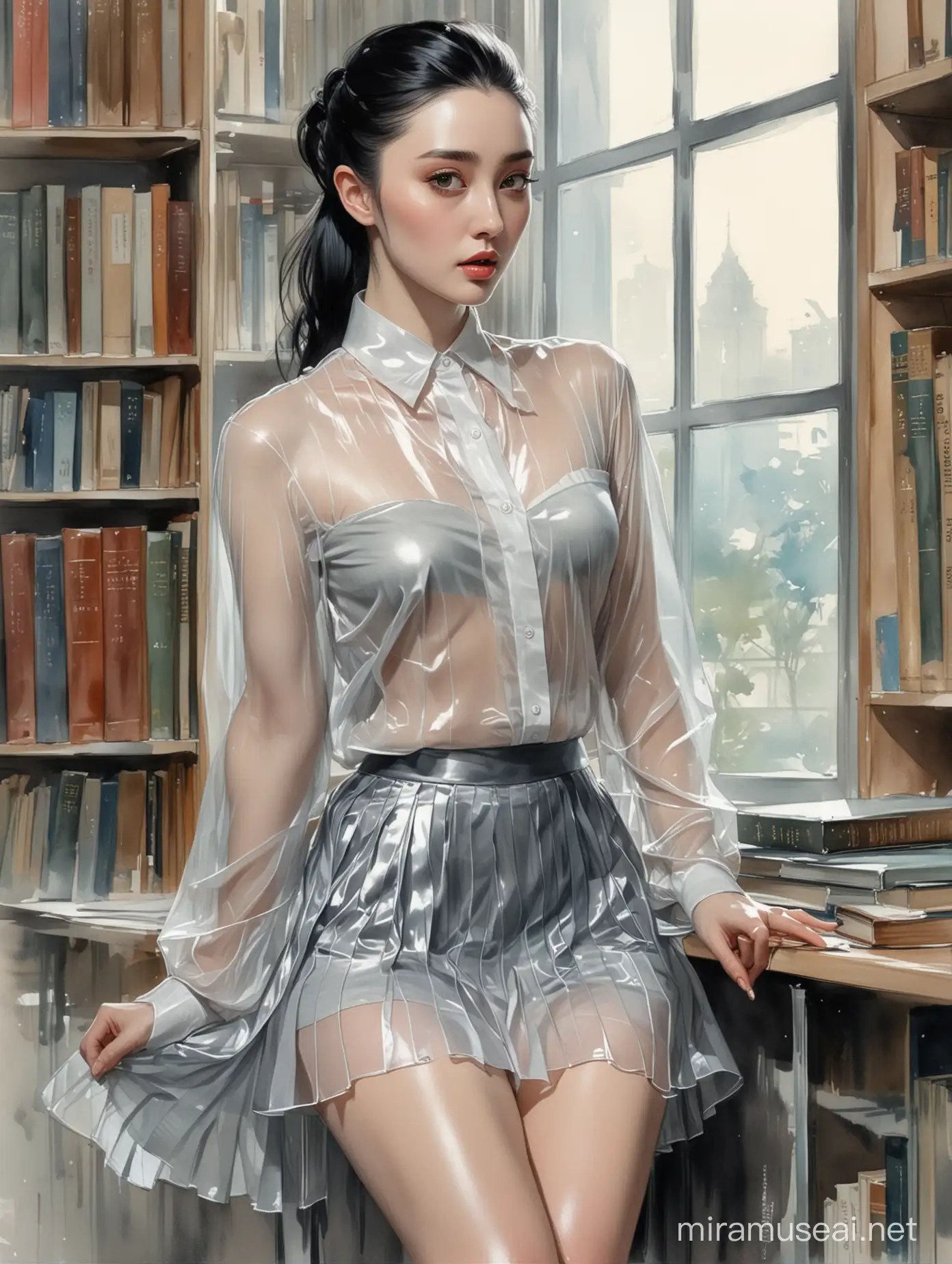 Fan Bingbing Leaning Against Library Shelf in Transparent School Attire