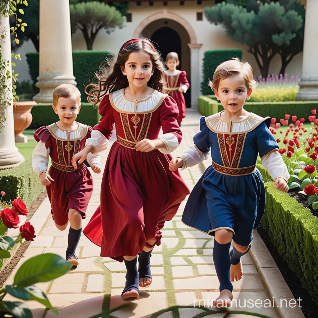 three royal children (one big sister and two boys), wearing red, dark hair, running through a garden with renaissance greek italian clothes NO WHITE
