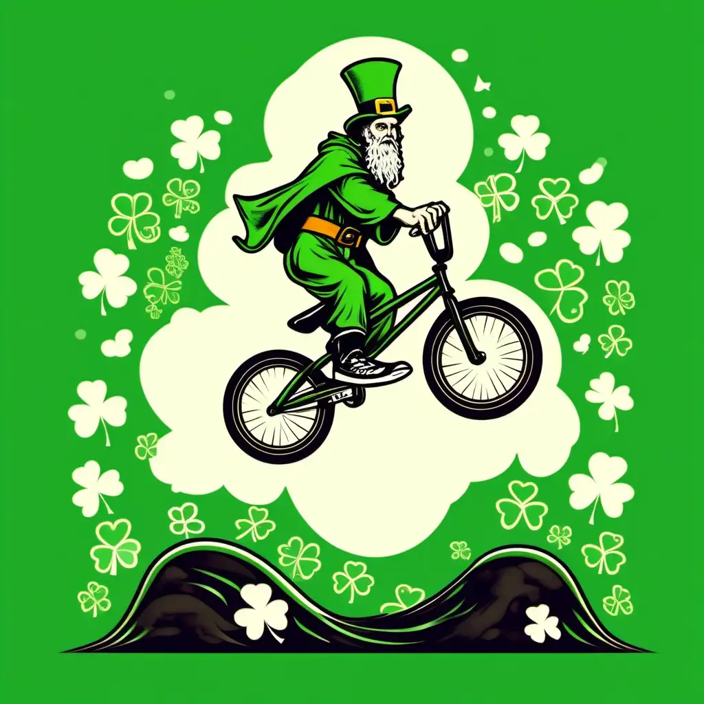 Saint Patrick on a bmx bike jumping a jump