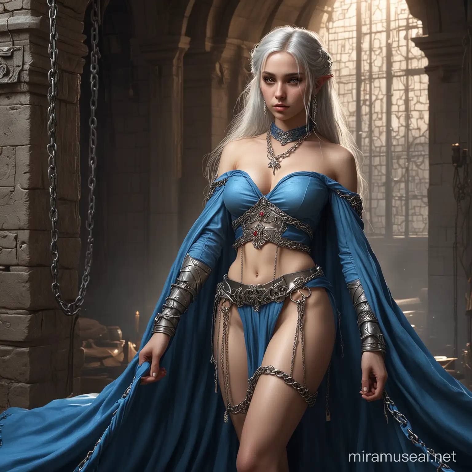 An platin haired slave elf princess who was forced into a concubine in the king's palace.in chains.in blue concubine cloth close chest.in dungeon.open belt