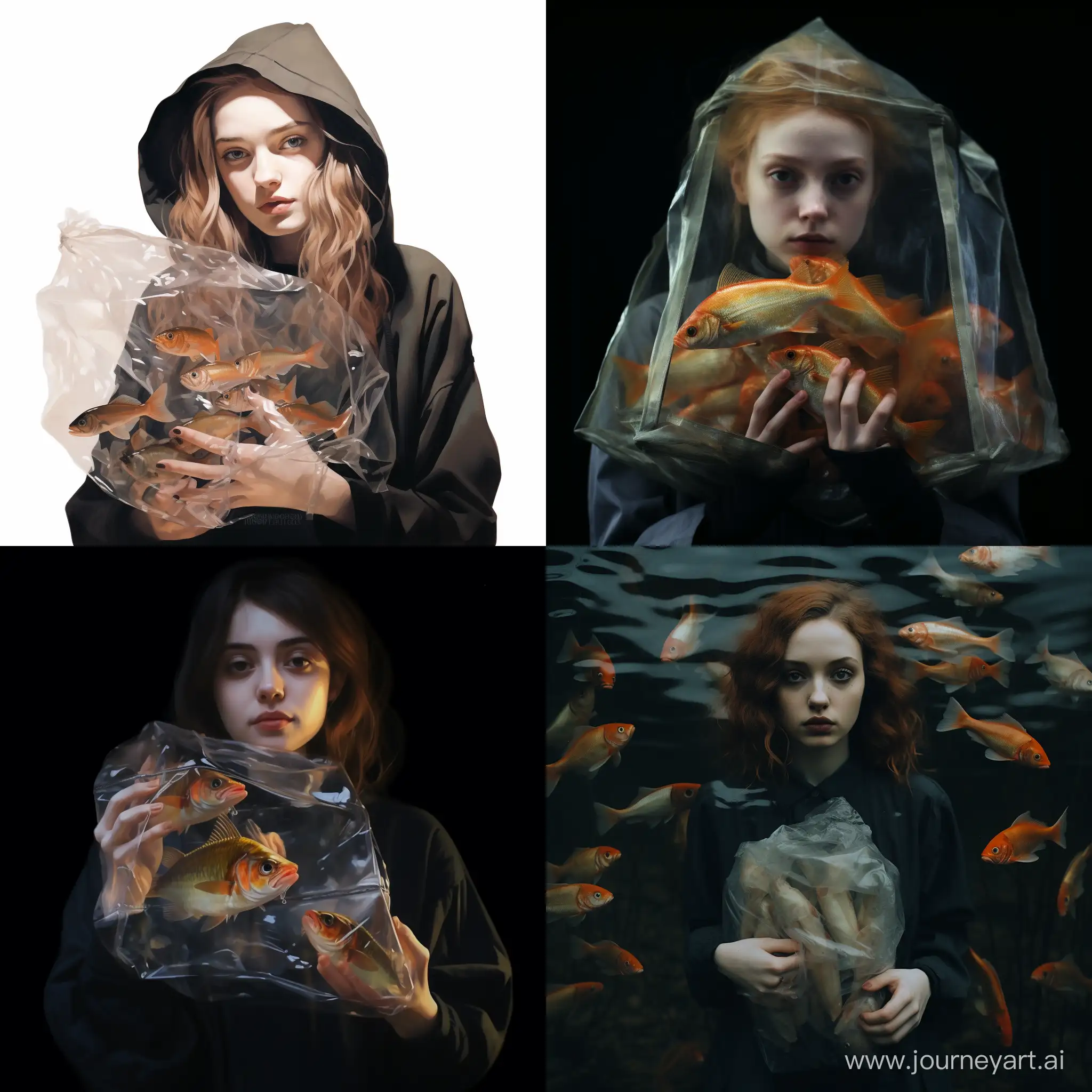 Девушка с прозрачным пакетом рыб в руке