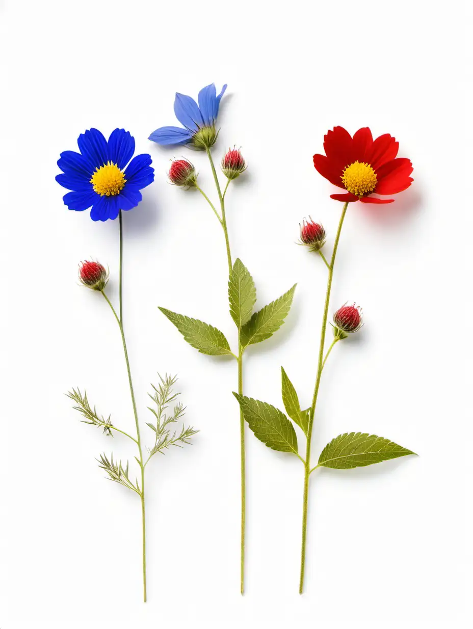 1 YELLAW, 1 BLUE AND 1 red wild flower on white background