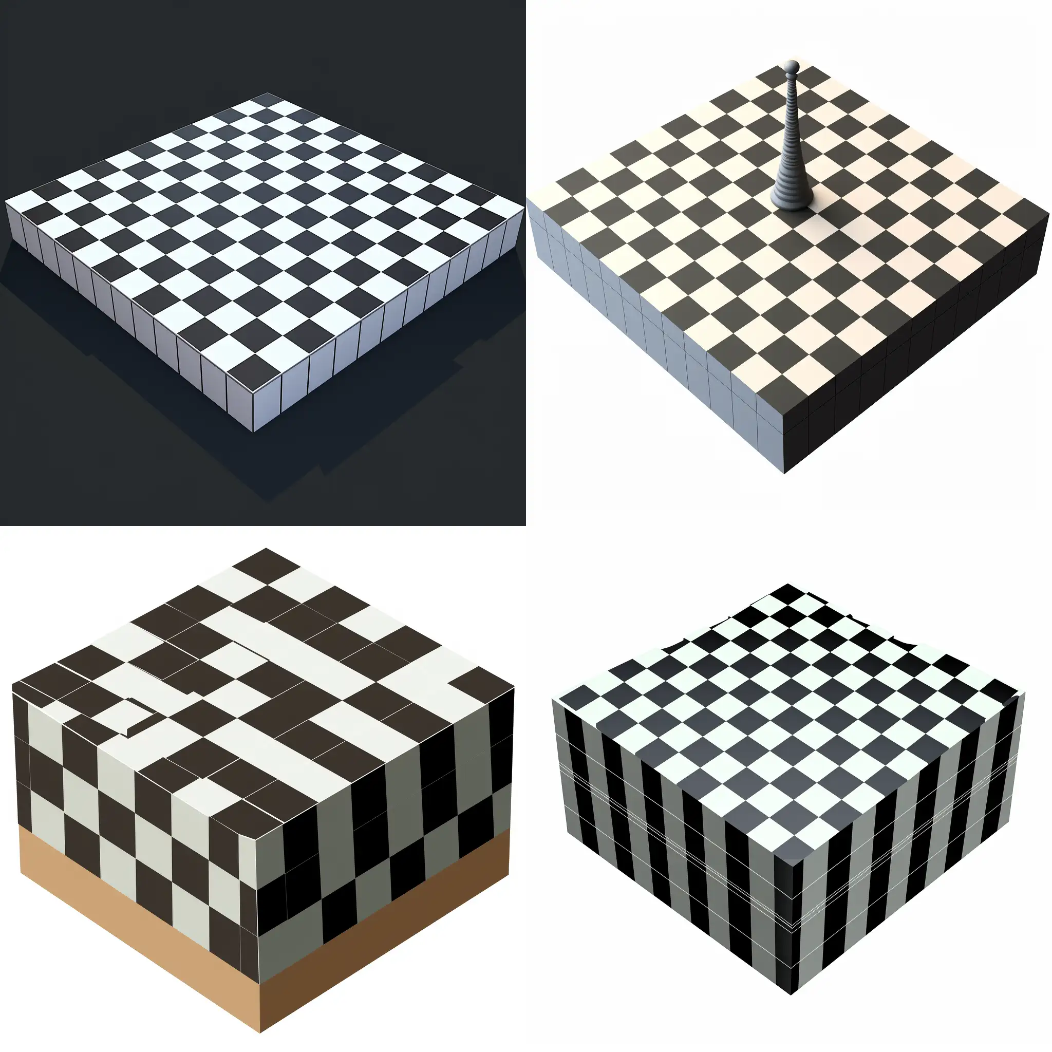 A 3D chessboard with an 8x8 grid, totaling 64 squares. The perspective should clearly show eight rows and eight columns, ensuring an accurate representation of a standard chessboard. The squares should alternate in black and white colors, with distinct boundaries between them. The focus should be on the geometric precision and symmetry of the board, with a clear, top-down view to avoid perspective distortion. The board should have a polished, realistic appearance, emphasizing the texture and material of the squares.