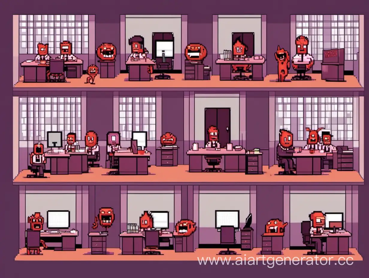 Office hell, employee demons, pixel style