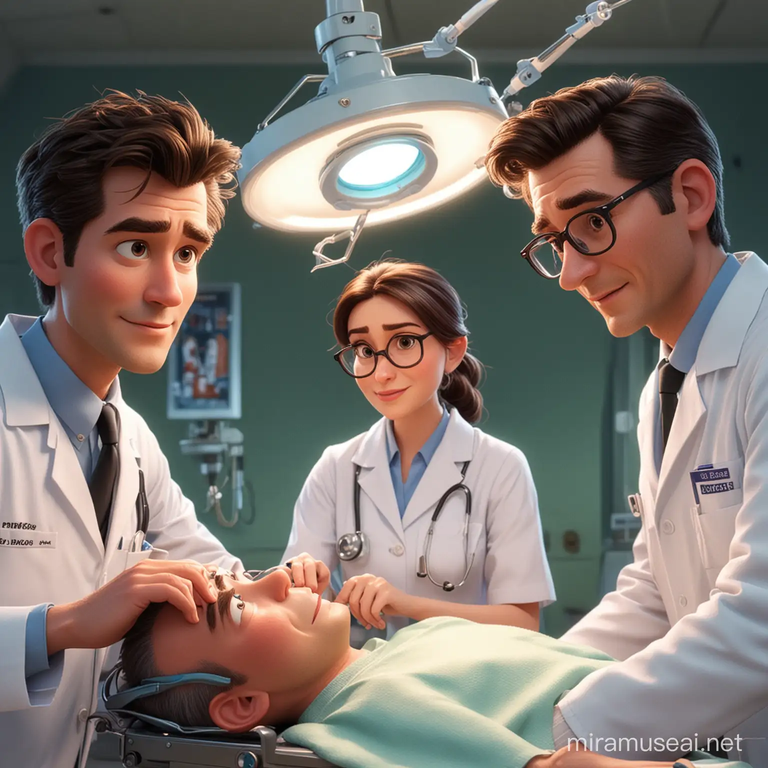 a doctor and another doctor are making an operation on a patient ,disney pixar style