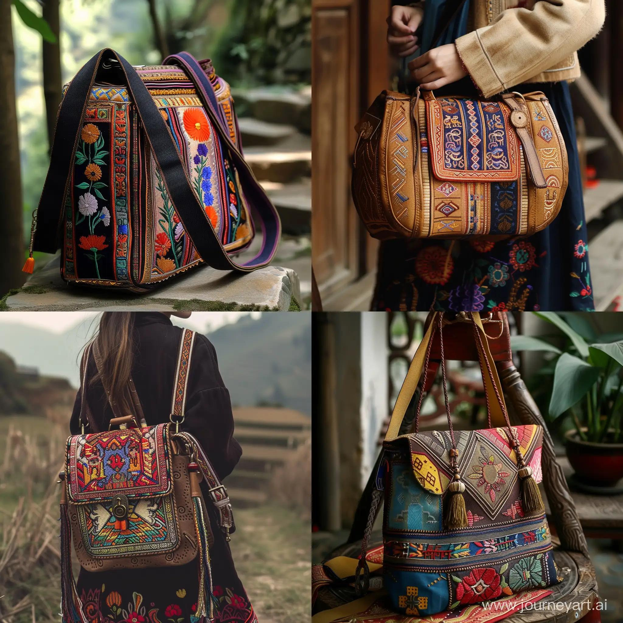 帮我设计一款具有苗族风格的个性化、百搭、年轻人喜爱的包包