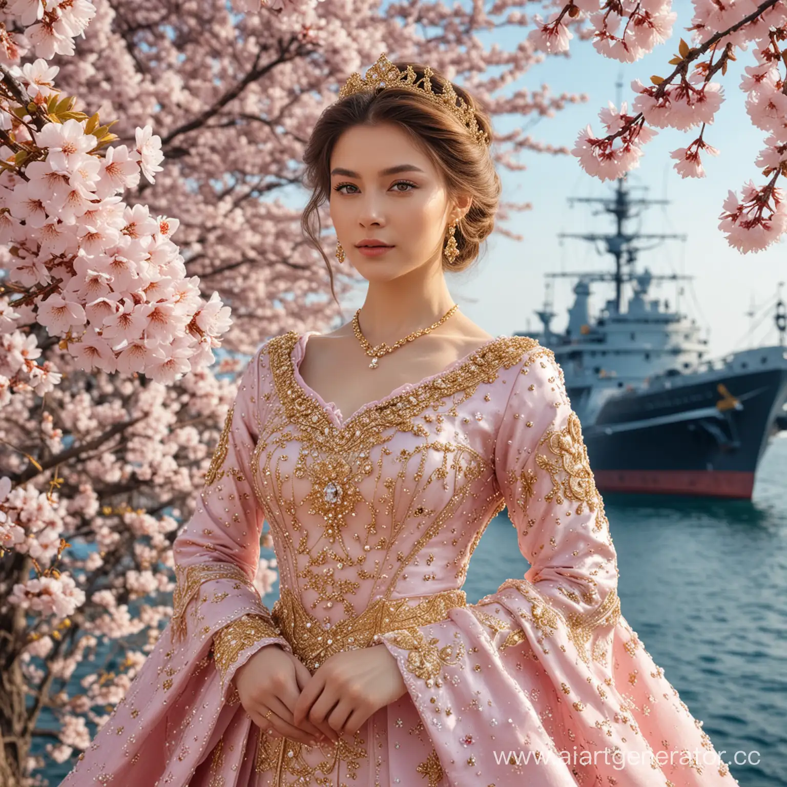 Алина красивая в шикарном королевском платье в бриллиантах и золоте среди цветущей сакуры на фоне фрегата