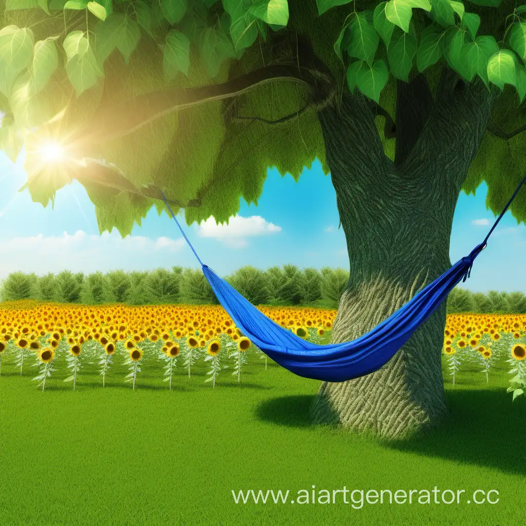 зелёное дерево с голубым гамаком в солнечный день в лугу с подсолнухами
 в полдень



