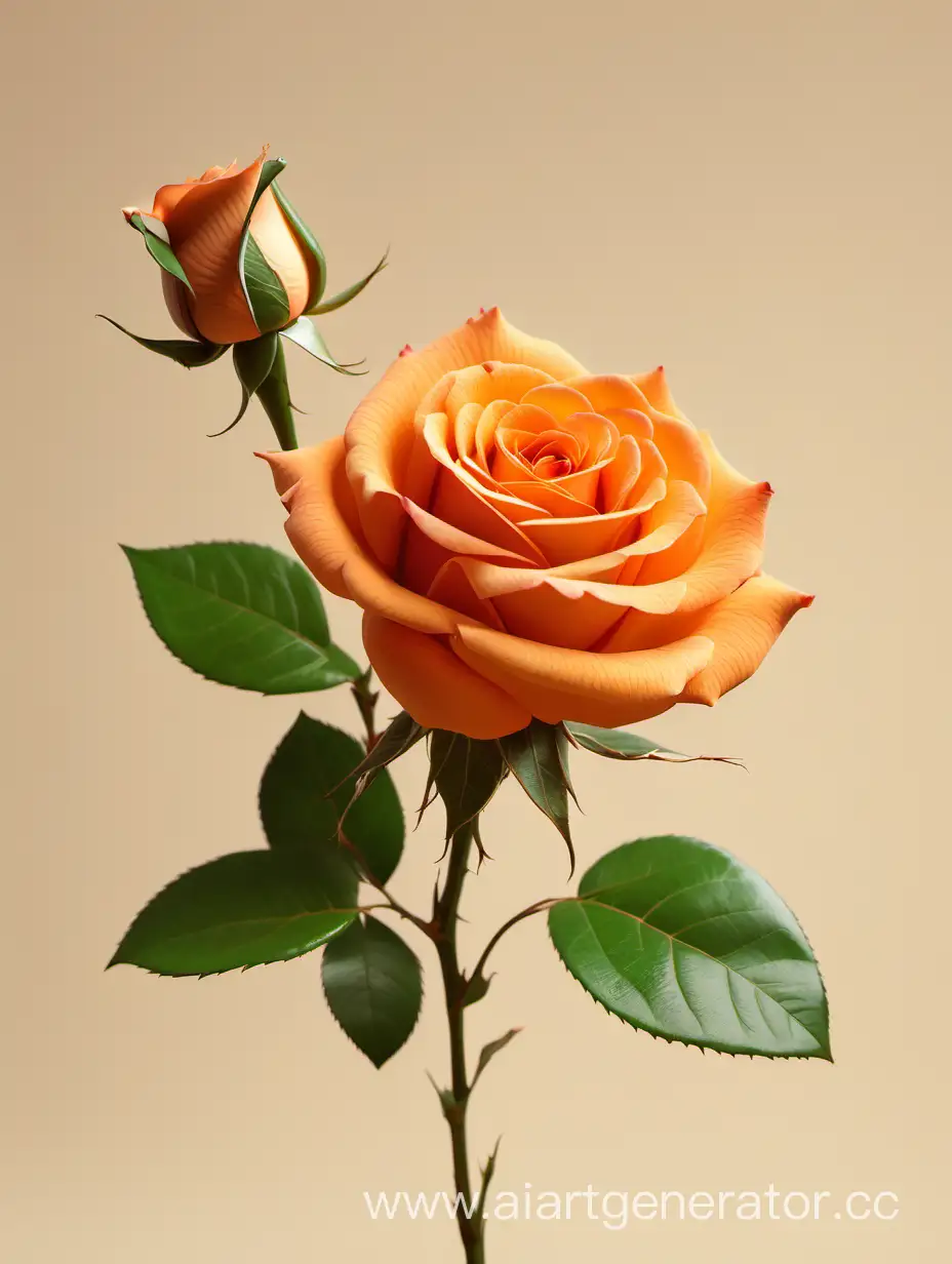 Vibrant-8K-HD-Orange-Rose-with-Fresh-Lush-Green-Leaves-on-Light-Beige-Background