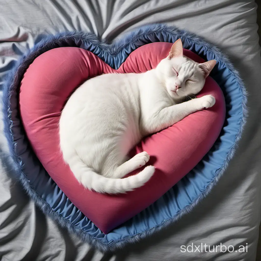 White and red cat sleeping on a gray fabric bed with a blue blanket and heart-shaped pink pillows on top
