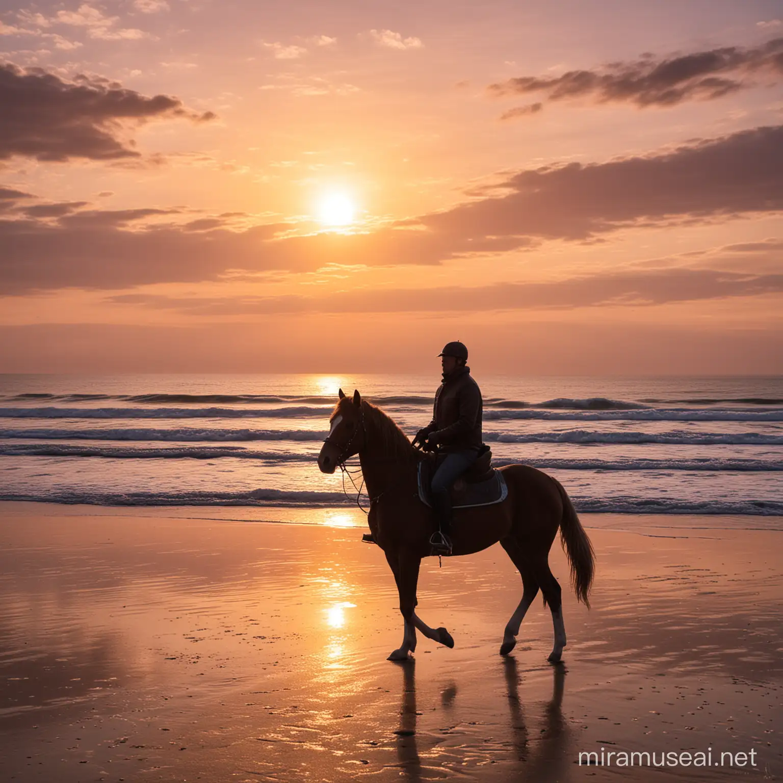 create a photo of the most beautiful sunset ever as seen from De Panne, Belgium. Add Olaf Scholz, riding a horse
 on the beach, face lit by the sun, 