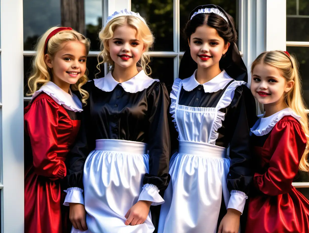 girls in long   crystal silk satin  red black retro victorian maid gown with white apron and peter pan colar and long sleeves costume and milf mothers long blonde and red hair,black hair  rachel macadams and adult selena gomez smile clean windows