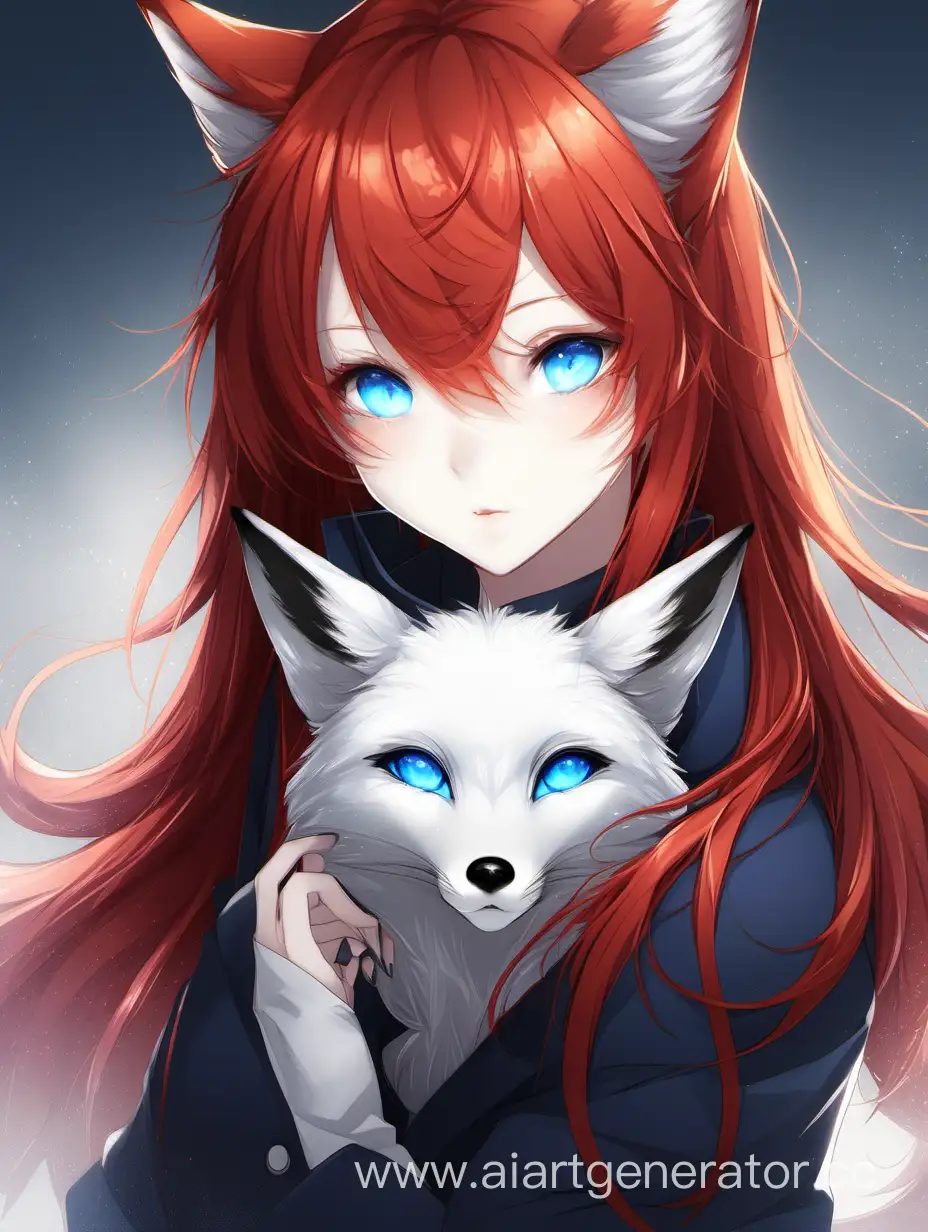 Fox, 1girl, red hair, blue eye, black closes, heterochromia