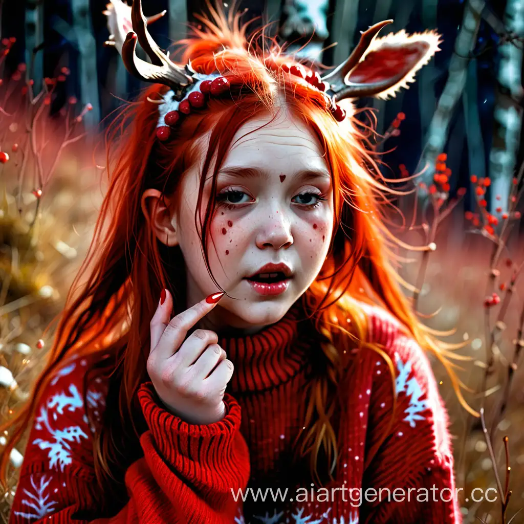 Девушка с малиновыми длинными волосами,царапины нащеках,красная кофта,небольшие оленьи рожки