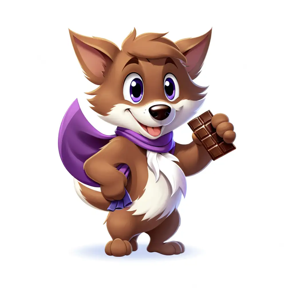 dog with blue eyes, the chest is white, he is dressed with a large, very long, purple scarf tied around his neck, the ends of the scarf are hanging, In his hand he holds a large chocolate bar

