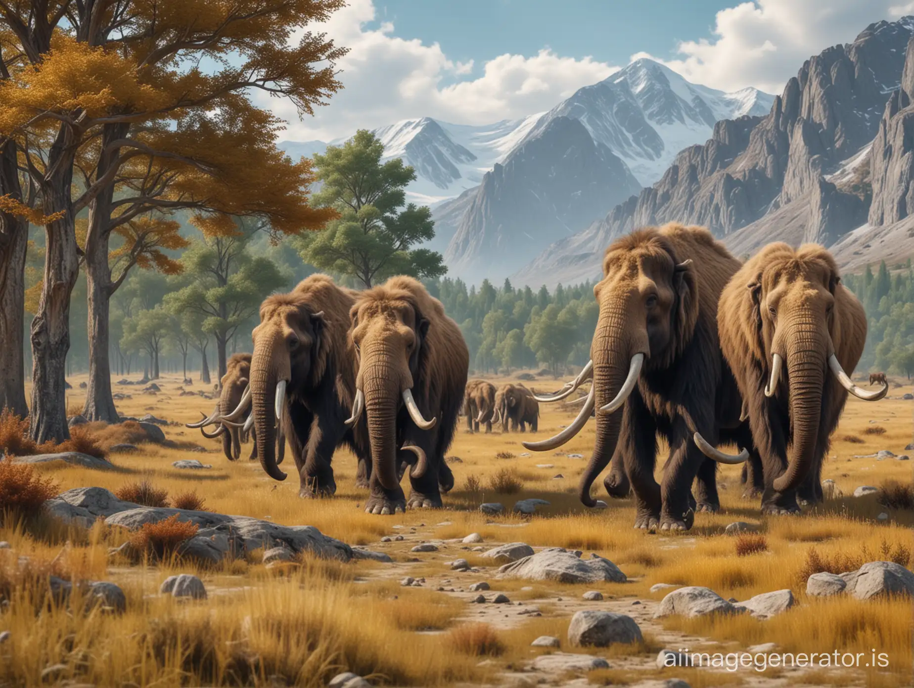 Herd of woolly mammoths walking in a field, mountains and forest, flying lizards, ancient vegetation, detailed photo