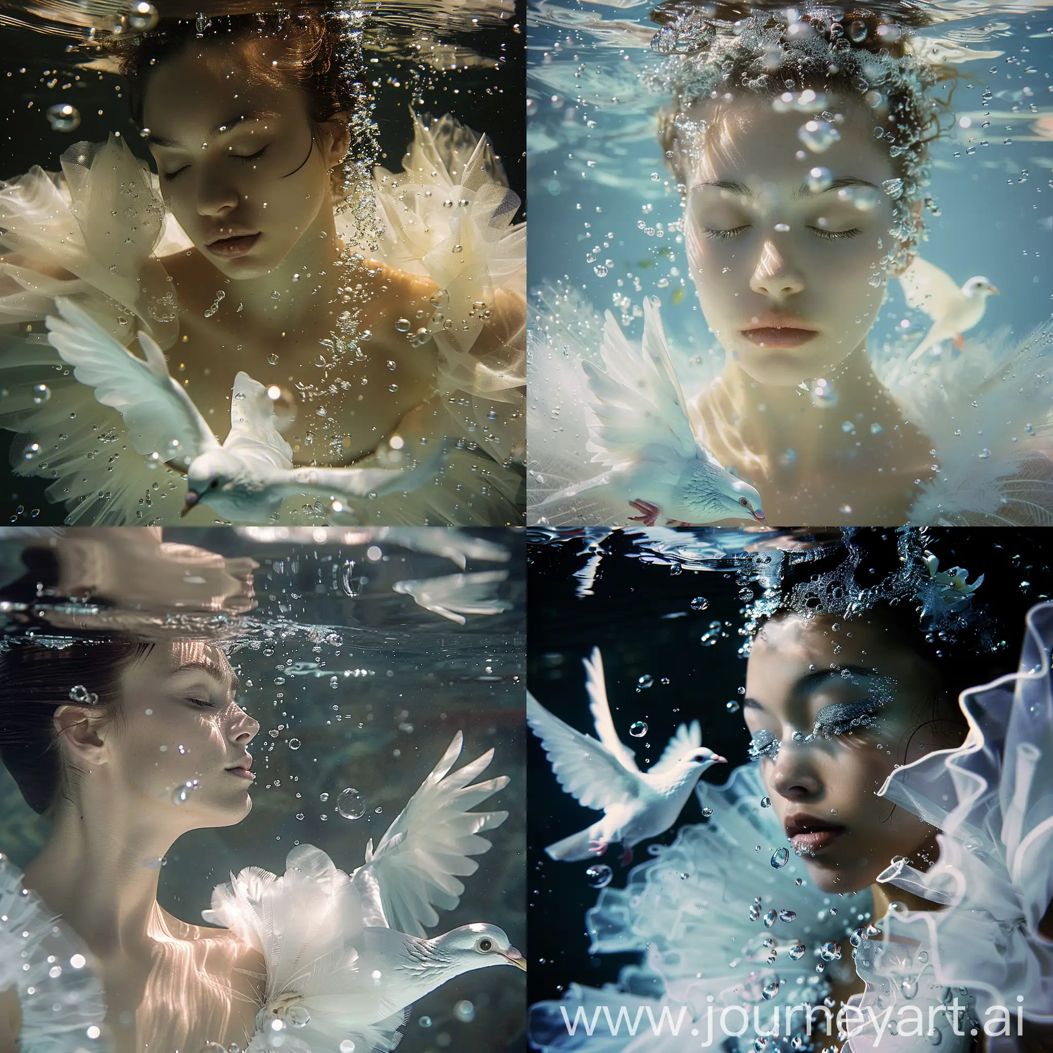 An image of a ballerina with eyes closed underwater with few bubbles, and a white dove swimming underwater with her dancing 