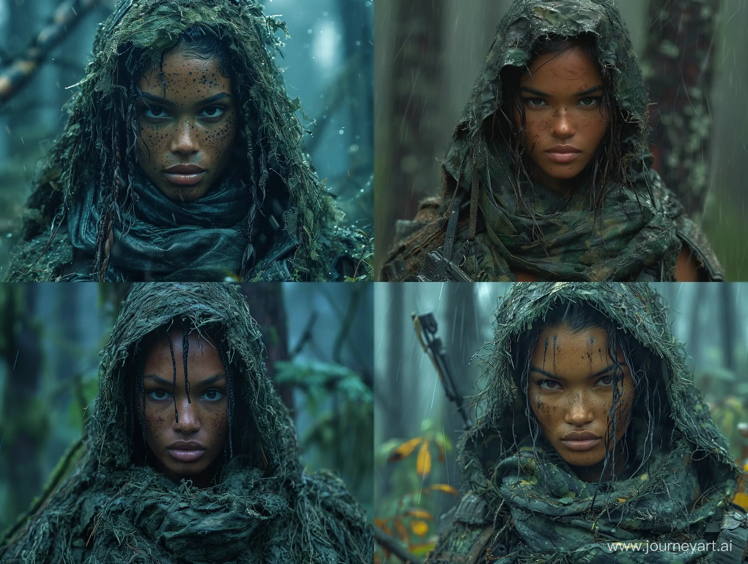 beautiful mulatto skin female mercenary S.T.A.L.K.E.R in dark green ghillie suit dead trees dark forest --s 700 --style raw --v 6