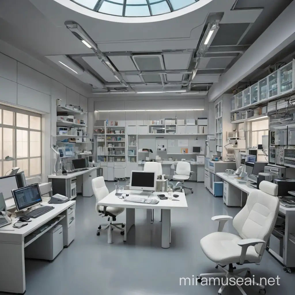 A super modern Nano technology laboratory with computer, laptop, screen, laboratory tools, a chair, many Persian designs on the ground and roof.