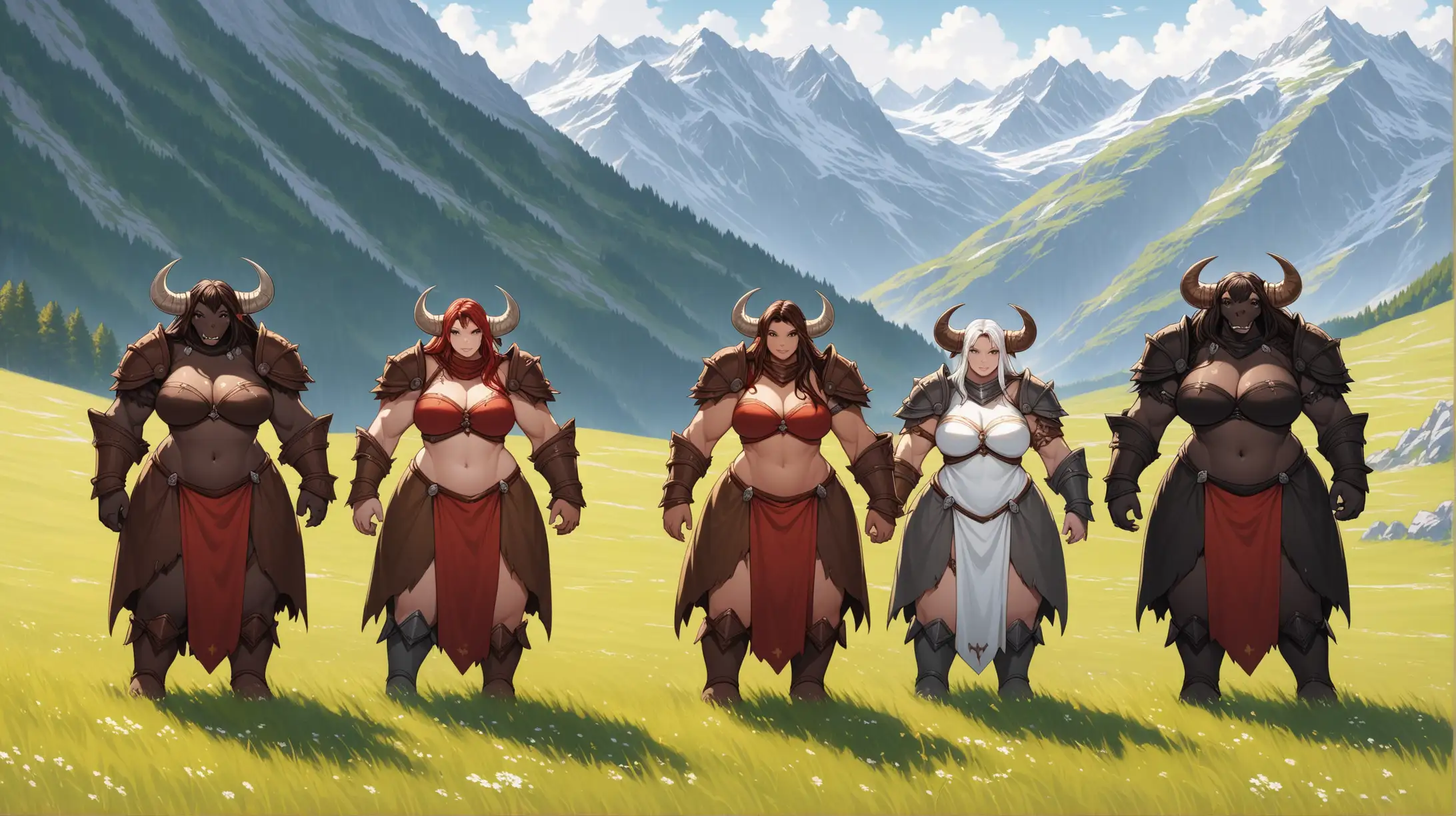group of female minotaurs, brown black red gray white, mountain pasture, Medieval fantasy