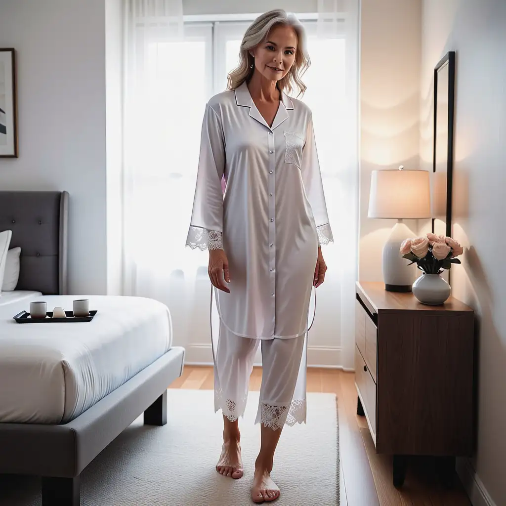A sophisticated older individual prepares for bed in a sleek urban apartment. They wear a modern nightshirt with subtle lace detailing that hints at their silhouette, paired with stylish slippers, embodying elegance and relaxation as they incorporate sleep aid products into their nightly routine.