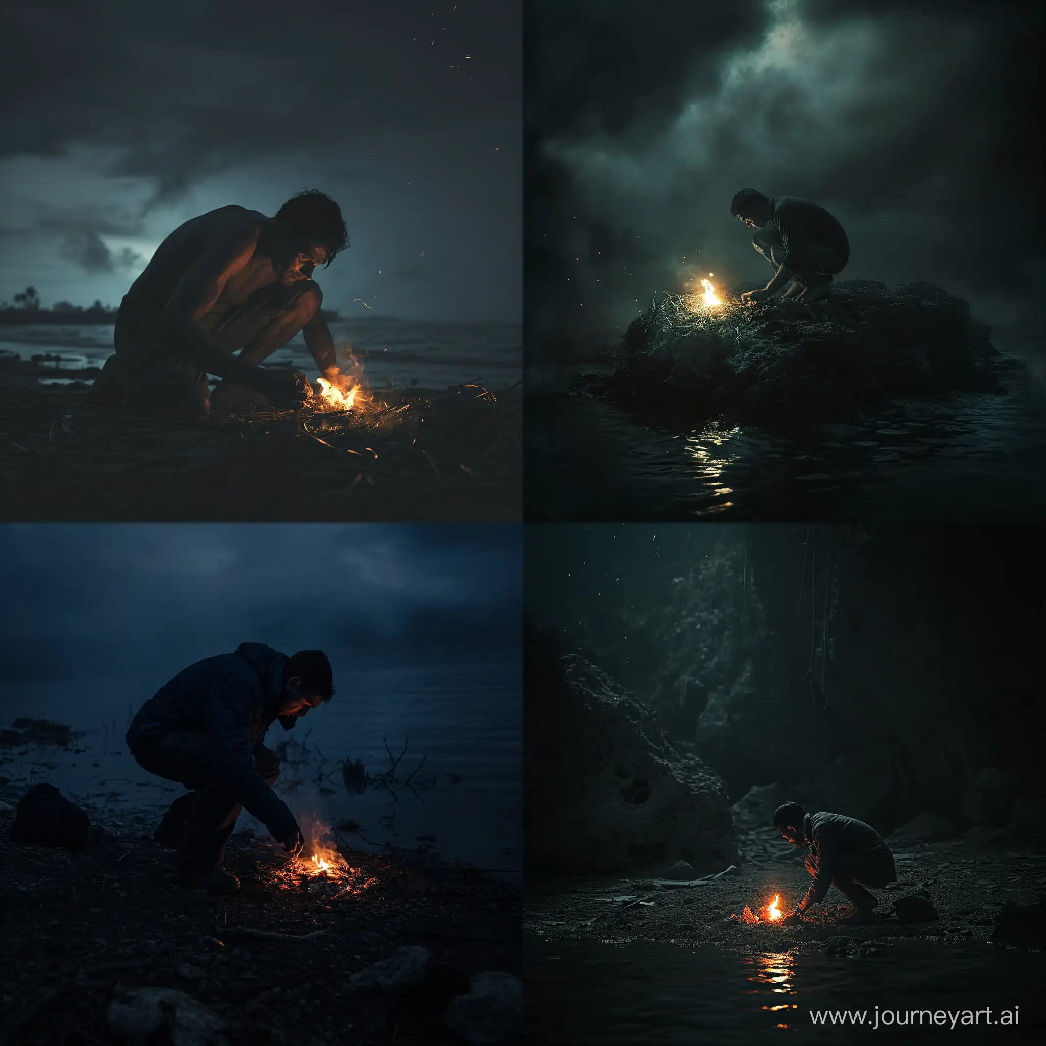 a man surviving in an abandoned island in the dark trying to light a fire