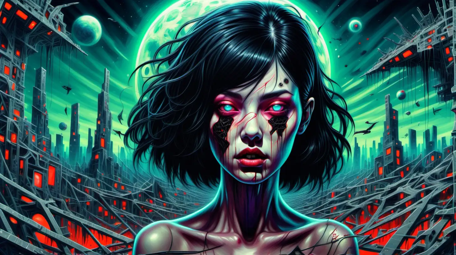 Surrealist art a A young woman with black hair in a broken world of the future in style zombiecore, high detail. Dreamlike, mysterious, provocative, symbolic, intricate, detailed, vivid neon hues